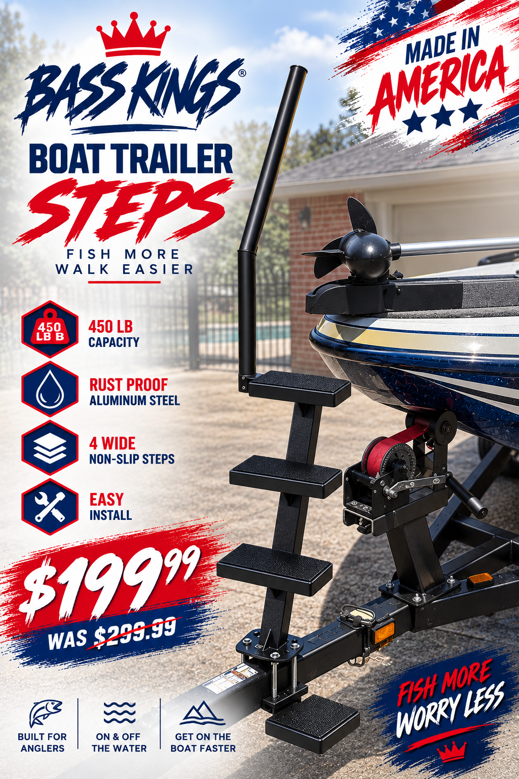 Premium No-Rust 4-Step Boat Trailer Steps with Handrail – Bass & Fishing Boats