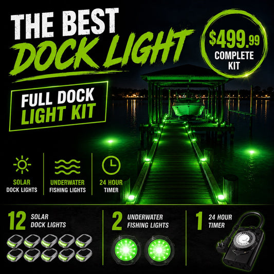 Complete green dock light kit with 12 solar dock lights, 2 underwater fishing lights, and 24-hour timer
