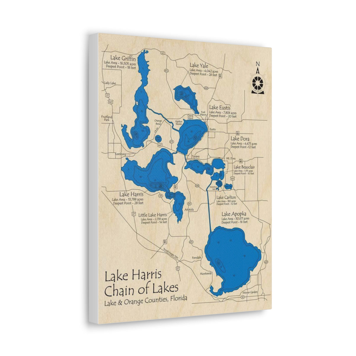 Harris Chain of Lakes Canvas Map – Classic Florida Lake Map Wall Art
