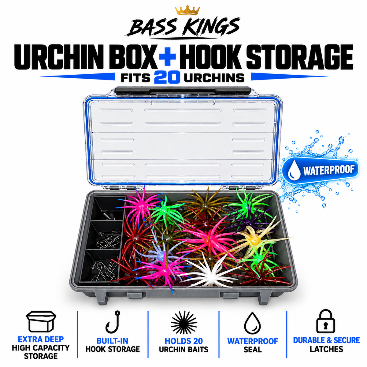 Bass Kings Urchin Box with Hook Storage feature graphic showing 20 urchin capacity
