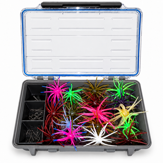 Bass Kings Urchin Box with Hook Storage loaded with 20 urchin baits on white background